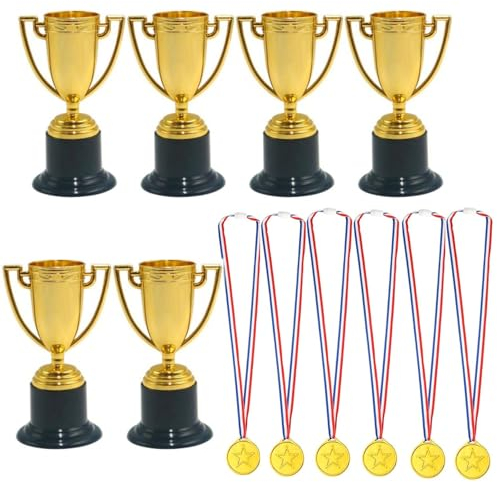 JZK 6 x Kunststoff-Trophäen- und Medaillen-Auszeichnungen, Gewinner-Set, Mini-Trophäenbecher für Kinderparty, Sport, Auszeichnungen, Partytütenfüller für Fußball, Baseball, Basketball, Rugby,