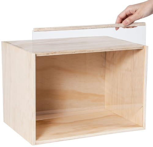 Useekoo Wooden Display Case for Collectibles, Unfinished Wood Gift Box with Slide Acrylic Lid, 15.7'' x 11'' x 11'' Deep Shadow Box Quick-Build Desktop Display Box Storage Container for Dolls