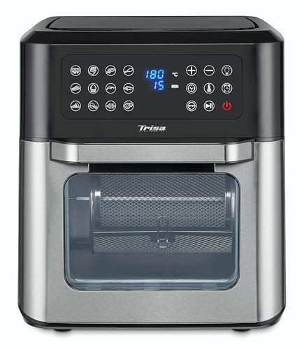 Trisa Crisp Master Heißluftfritteuse XXL Ofen 12L, 12-in-1 Airfryer mit Sichtfenster & Touch-Display, Minibackofen inkl. Rotierender Frittierkorb & Drehspieß, Dörrautomat ohne Öl, Silber/Schwarz