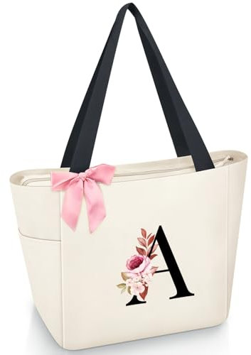 Vavabox Handtasche Damen A-Z Reißverschluss Schultertasche, Geschenke für Damen,Bräute und Brautjungfern, Arbeit,Reisen,Einkaufen,Schule (A, Beige)