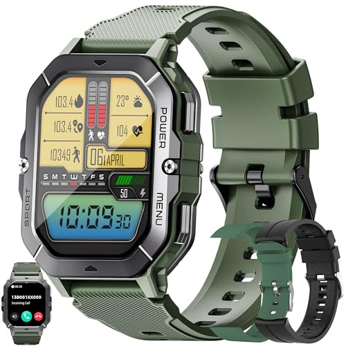 Smartklocka män med telefonfunktion, 2,02 tum AMOLED 5 ATM smartklocka armbandsur 100+ sportlägen aktivitetsspårare med blodtryck sömnmonitor, fitnessspårare för IOS Android, 3 klockarmband (grön)