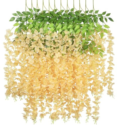 NatureMan 12-pack 9 cm blåregn hängande blommor, konstgjord blåregn vinstockar ratta hängande girlang silkesblommor för bröllopsfest trädgård utomhus väggdekoration (champagne)