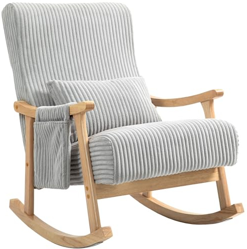 HOMCOM Silla Mecedora, Mecedora de Pana con Cojín Lumbar, Patas y Reposabrazos de Madera, Asiento Ancho, Bolsillo, Estilo Moderno, Sillón de Relax, Carga 120 kg, para Dormitorio, Salón, Gris
