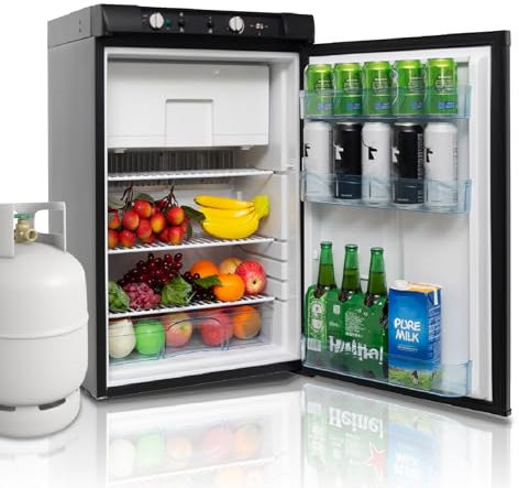 Techomey Frigorifero Trivalente 12V 220V Gas, 100L, Frigorifero a Gas, con Congelatore, Frigorifero Trivalente per Camper, Campeggio, Roulotte, Garage, Camion, Nero