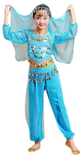Gonna con Frange Ballo Latine Bambina Pantaloni Danza Ventre Bambina Gonna da Ballo per Bambini Abito Ballo Bambina Vestito Danza del Ventre Bambina Vestito Danza Bambina (Sky Blue, 9-10 Years)