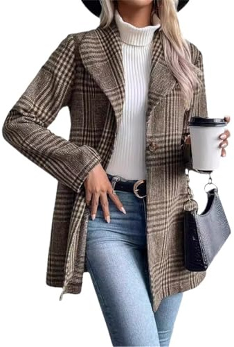 MANYMANY Women's Checked Tweed One Button Blazer Jacket Lapel Long Sleeve Plaid Suit Jacket Retro Tartan Fitted Wool Blazer