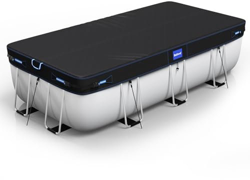 Holiwei Bâche de Piscine rectangulaire de 2,7 x 5,5 m avec Bandes réfléchissantes pour Piscine Hors Sol, Couverture Solaire avec Cordon de Serrage et Clous de Sol 420D pour Piscine rectangulaire ou