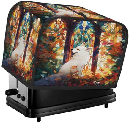 Toaster Cover 2 Slice, Small Appliance Covers, White Fox In Front Of Stained Glass Window Toaster Oven Cover For Kitchen Appliance Dining Room Home Table Decor