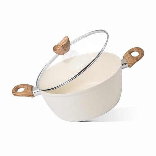 Non Stick Cooking Pots with Glass Lid – 4.2 Quart Induction Hob Stock Pot – Kitchen Deep Casserole Cookware – 24cm, Cream – by Nuovva