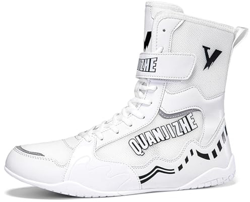 Hiuzylqx Brottningsskor Herr Ungdom Fitness Höga Boxningsskor Knäböj Bodybuilding Lättvikt Andningsbar,White,44 EU
