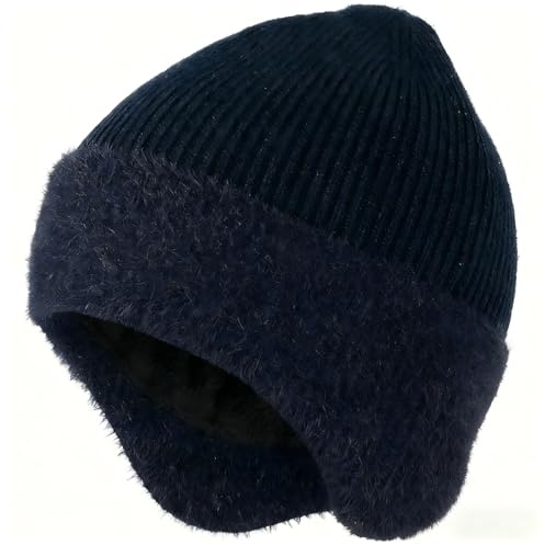 Bonnet Tricoté avec Cache-Oreilles, Bonnet d'Hiver Épais, Chaud avec Doublure Polaire pour Activités de Plein Air Hivernales, Convient à Homme et Femme (FR/ES, Numérique, 51, 62, Bleu foncé)