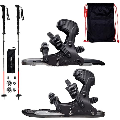 COMBO SKI Set med 2-i-1, lätta snöskor med nordiska, vikbara vandringspinnar och ryggsäck, miniskidor lämpliga för skidåkning, vandring, klättring för vintern på is och snö, vandringspinnar (Jet Black