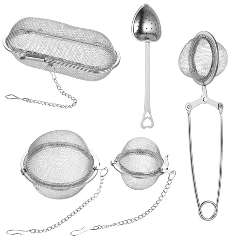 5 Stück Gewürzsieb zum Mitkochen, Edelstahl Teesieb Gewürzei, Gewürzball, Teekugeln, Metall Gewürzkugel mit Kette, Teaballs, Tee Ei Sieb Teeei für Losen Tee Gewürze Kräuter Mulling Würze