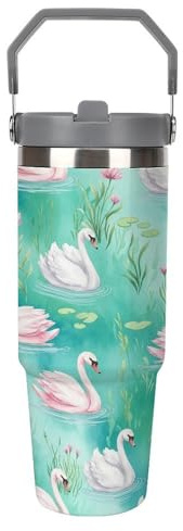 GemGam Tumbler with Lid Straw Top Handle Leakproof Swan Water Pond Vacuum Insulated Stainless Steel Water Bottle 30 Oz Gift for Car Travel Tea Coffee