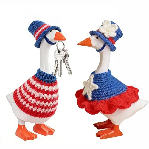 7 Inch Desk Goose Outfits, 2 Sets Independence Day Couple Desk Goose Costumes Accessories, Festive Knitted Desktop Geese Decor Magnetic Goose Statue Clothes, 4th of July Home Office Table Decor Gifts