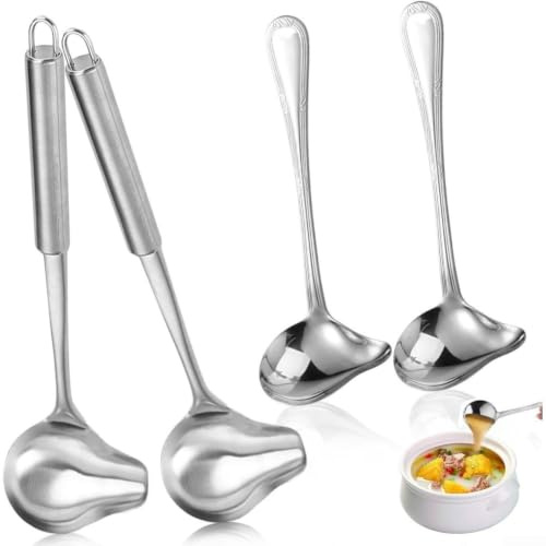 QOXEZY Cucchiaio da salsa in acciaio inox, beccuccio a forma di becco di anatra per versare con precisione, cucchiaio profondo con magnete integrato e comodo manico per attività di cucina