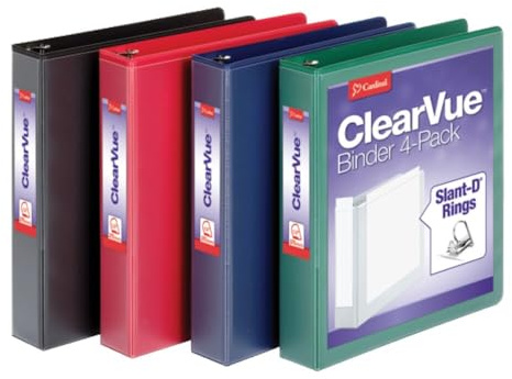 Cardinal 1.5 Inch 3 Ring Binder,Binder for School and Office, Durable D Ring, Assorted Colors, Black, Red, Blue, Green 4 Pack, Holds 375 Sheets (29300)