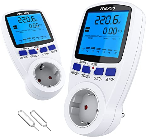 Maxcio Energiekostenmessgerät mit Dual Rate, Stromverbrauchsmesser mit LCD-Hintergrundbeleuchtung und 2 Abrechnungsmethoden (Strommessgerät Dual Rate 2P)