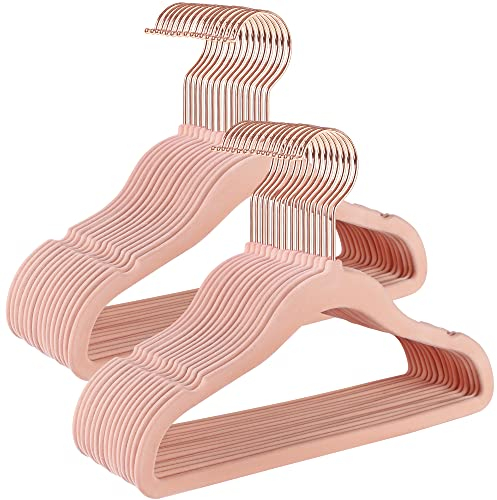 SONGMICS Kleiderbügel für Kinder, Set mit 30 platzsparenden Kleiderbügeln mit 360° drehbaren Haken, Farbe Roségold, Kleiderbügel aus rutschfestem Samt für Schrank, Kinderzimmer, Pastellrosa CRF027P30