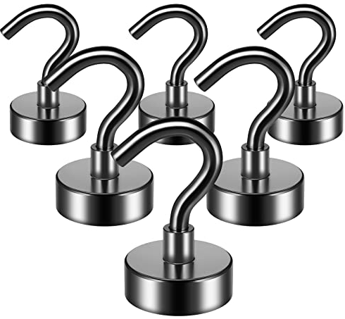 FINDMAG 6 Pack Strong Magnetic Hooks, 10 kg+(22 lb+) Strong Magnet Hook, Neodymium Magnets with Hook, Black Magnetic Hooks for Cruise, Bathroom, Kitchen,Garage, Hanging