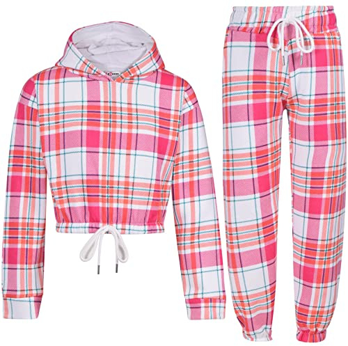 A2Z 4 Kids Tuta da ginnastica per bambini, con cappuccio a crop, con pantaloni da jogging, palestra, sport, abbigliamento sportivo, con coulisse, età 5-13 anni, Rosa a quadri, 13 anni