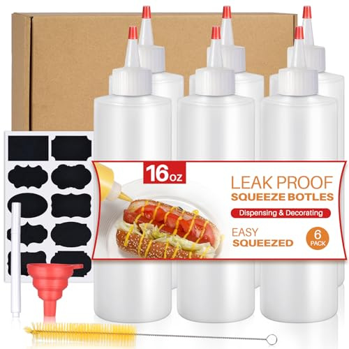 Sopito Squeeze Bottles, 16oz Plastic Condiment Squeeze Bottles with Labels & Funnels & Brusher for Liquids Sauces Ketchup Oil, 6 Pack