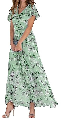 tinetill Abito Portafoglio Abito Donna Abito Lungo in Chiffon Elegante Estivo con Volant Abito Floreale Maniche Corte Abito Spiaggia Abito Sera Vita Alta con Scollo V Abito Cocktail