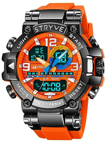 FORSINING Modische bunte Herren-Sportuhr, LED-Digital-Militär-Uhren, 50 m wasserdicht, lässig, analog, Quarz-Armbanduhr, Dual-Display, Silikonband, Orange, Armband