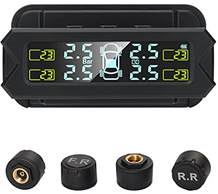 Shkalacar USB/Solar TPMS 0-81 PSI Système de Surveillance de la Pression des pneus avec 4 capteurs, 5 Modes d'alarme, écran LCD avec rétroéclairage Automatique pour Voiture berline SUV MPV