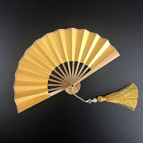 YLWX Mini Abanico De Mano, Color Verde Oscuro, Dorado, Pequeño Abanico Plegable, Actuación Fotográfica Nupcial, Abanico Oriental, Borlas, Abanicos Decorativos con Purpurina (Color : Gold-Bamboo, Siz