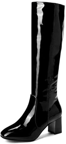 Botas Altas hasta la Rodilla con tacón Grueso para Mujer, Punta Cuadrada, Cremallera Lateral, de Piel sintética, Botines a Media Pantorrilla, Vestido de tacón Alto, Botas Medias,Negro,39 EU