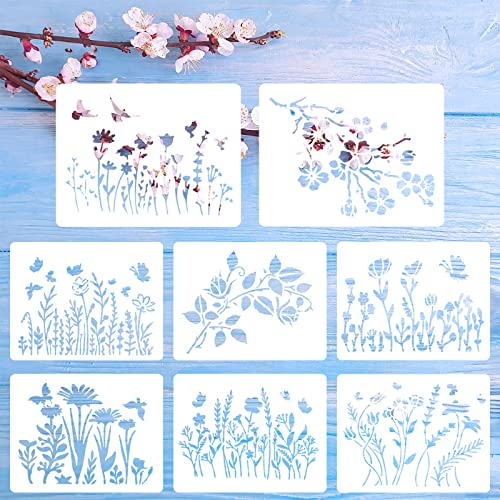 DSLSQD 8 Pièces Pochoirs à Fleurs, Pochoirs de Vigne de Fleurs de Cerisier Pochoirs de Peinture de Fleurs Sauvages Pochoir de Dessin Réutilisable pour Peinture sur Bois Petits Pochoirs pour Peindre d