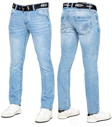 989Zé ENZO Mens Jeans Classic Straight Leg Casual Cotton Regular Fit Denim Pants Free Belt EZ384 Light Blue 34W / 32L