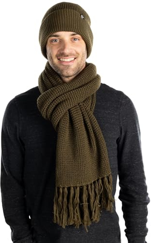 Funky Junque Mütze Schal Set für Männer Frauen Passende Beanie Winterkleidung Weihnachtsgeschenke Warme Strickmütze Schals Mode, Waffelstrick - Olivgrün, Einheitsgröße