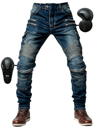 SHUOJIA Herr motorcykelbyxor jeans med skydd motorcykel biker byxa 4 x skyddsutrustning, blå, XXS