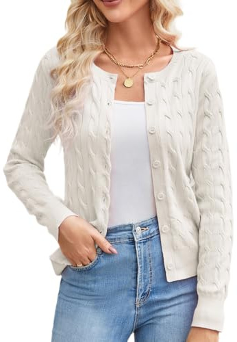 GRACE KARIN Women's Cable Knit Cardigans Crew Neck Lightweight Long Sleeve Crop Knitwear Crochet Button Up Cardigan Jumper Shrug