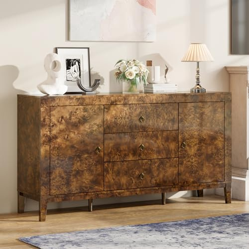 LUXOAK 60'' Burl Wood Buffet Sideboard, High Gloss Storage Cabinet with 3 Drawers & 2 Closed Cabinets, Mid-Century Modern Buffet Table for Dining Room Living Room, Dark Brown Burl