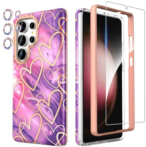 SHEDEER for Samsung S25 Ultra Case with Screen Protector + Bumper & Camera Protector, TPU Shockproof 360° Protection, Galaxy S25 Ultra Case Glossy Fade-Resistant Pattern Phone Case S25 Ultra, Purple