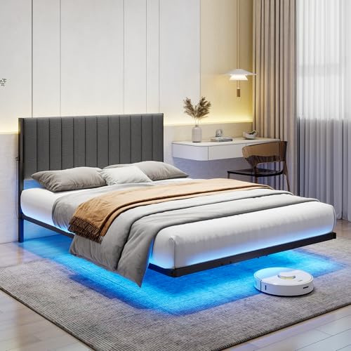 ARFARLY Säng 120 x 200 cm med LED-belysning och laddningsstation, sängram med metallribbotten, vuxen, svävande sängram med ljus, robust och stabil, enkel installation, mörkgrå