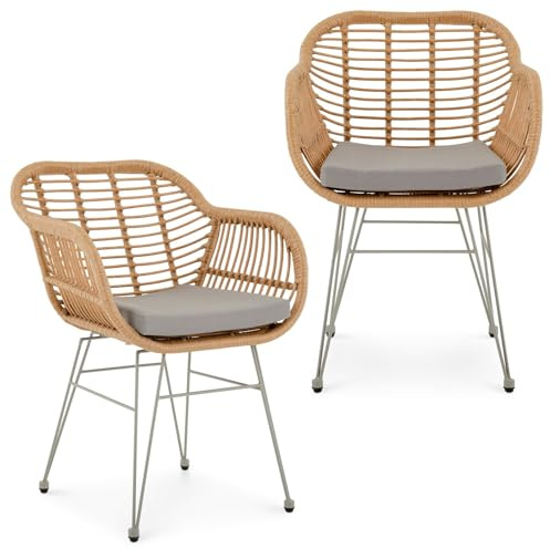 IDIMEX Lot de 2 chaises de Jardin Paramo, Imitation rotin Brun et Gris Fauteuil d'extérieur pour terrasse ou Balcon résistant aux UV, 4 Pieds en métal Anti-Rouille et Coussin d'assise Blanc