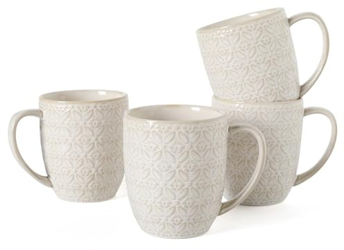 16OZ Ceramic Embossed Coffee Mugs Set, Large White Coffee Cups with Handles, Porcelain Mug Sets with Patterns for Tea, Milk, Latte, Mocha, Cocoa, Cappuccino, Dishwasher Safe, Cups Set Gift (4PCS)
