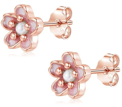 Lynizo Ohrstecker Silber, 925 Sterling Silber Blumen Stecker Ohrringe mit Perlen, Rose Gold Hypoallergene Kirschblüten Ohrstecker für Damen, 7mm Klein Schlafen Knorpel Ohr Stecker, Schmuck für Mädchen