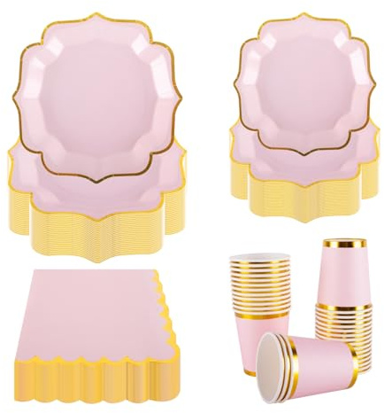 PHUNAT Vintage Party Tableware Set for 30 Guests - Pink with Gold Foil Paper Plates Napkins & Cups - Classic British Style Paper Tableware for Garden Afternoon Tea Party, Birthday, Wedding