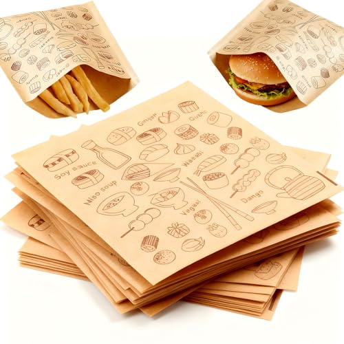 50 ark hamburgare papper, 20 x 20 cm pommepåsar, bakpapper, tidningsoptik, varma hundpåsar vattentäta och olja, för hamburgare, smörgåsar, ost, pommes, kakor, smörgås (färgglada)