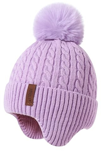 FENELY Girls Boys Winter Hat for 3-12 Years, Children's Warm Knitted Earflaps Beanie with Pom Pom Thicken Fleece Lining Cap for Kids Purple