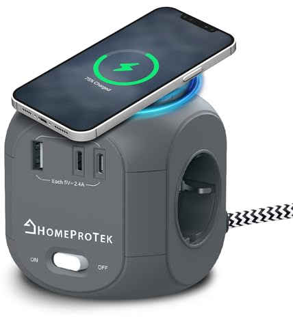 HOMEPROTEK Ciabatta Multipresa Con USB : Power Cube Con Caricatore Wireless, 3 Prese AC, 2 Porte USBC, 1 Porta USBA, Interruttore - Ciabatta Elettrica Compatta e Versatile per Casa e Ufficio - Grigio