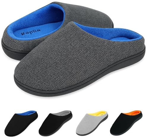 KEPLIN Men’s Memory Foam Slippers – Comfortable Indoor House Shoes for Men with Plush Cushioning, Anti-Slip Rubber Soles, Lightweight Design, Grey/Blue, UK Size 11 / EU Size 45