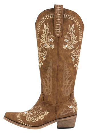 JHSDHYD Stivali Cowboy Donna Stivali da cowboy western bianchi ricamati con punta a punta da donna, stivaletti da cowgirl con tacco a blocco(Color3,9.5)