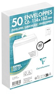 Clairefontaine 59360C - Paquet de 50 Enveloppes Blanches C6-114x162mm - Auto-Adhésives - 80g/m²