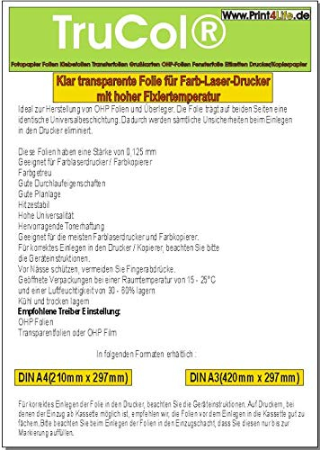 100 Blatt A4 Glasklare transparente beidseitig bedruckbare Reiß- und bruchfeste Overheadfolie (OHP Transparentfolie Transparentpapier) nur mit Farblaserdrucker, s/w Laserdrucker und Kopierer für eindrucksvolle Präsentationen mit Overheadprojektoren in Farbe